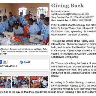 Giving Back - Sewing Project in Trinidad, Dr Andra Thakur