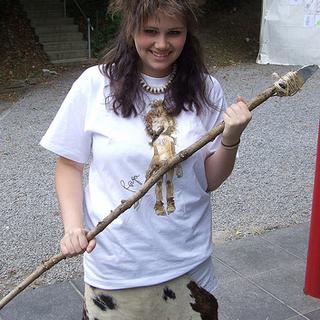 Is this Raga, the Scladina Cave child? Actually this is Mel dressed as Raga, a Neanderthal child dated at 100,000 years ago. 